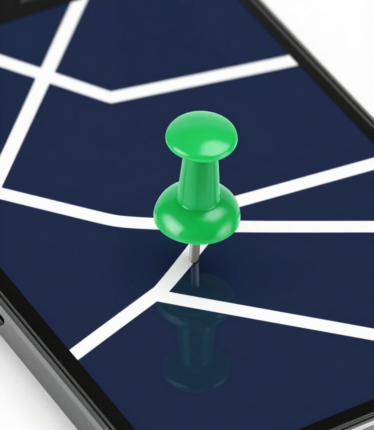 Macro shot of a mobile screen displaying a bright green map pin over a dark navy geographic interface, clean studio light, high contrast