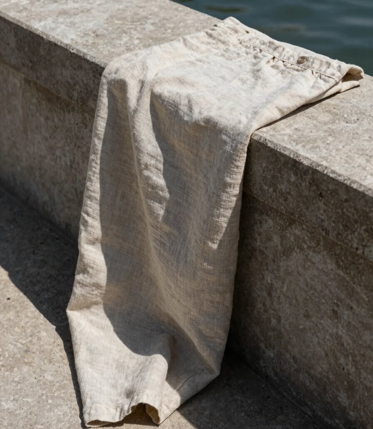 A close-up of heavy linen fabric draped over a concrete ledge next to water, sharp geometric shadows cast by midday sun, architectural feel, high contrast
