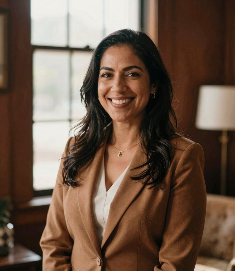 Warm professional portrait of a Latina financial advisor, smiling warmly in a sunlit room, natural window light, rich earthy tones, 35mm film look