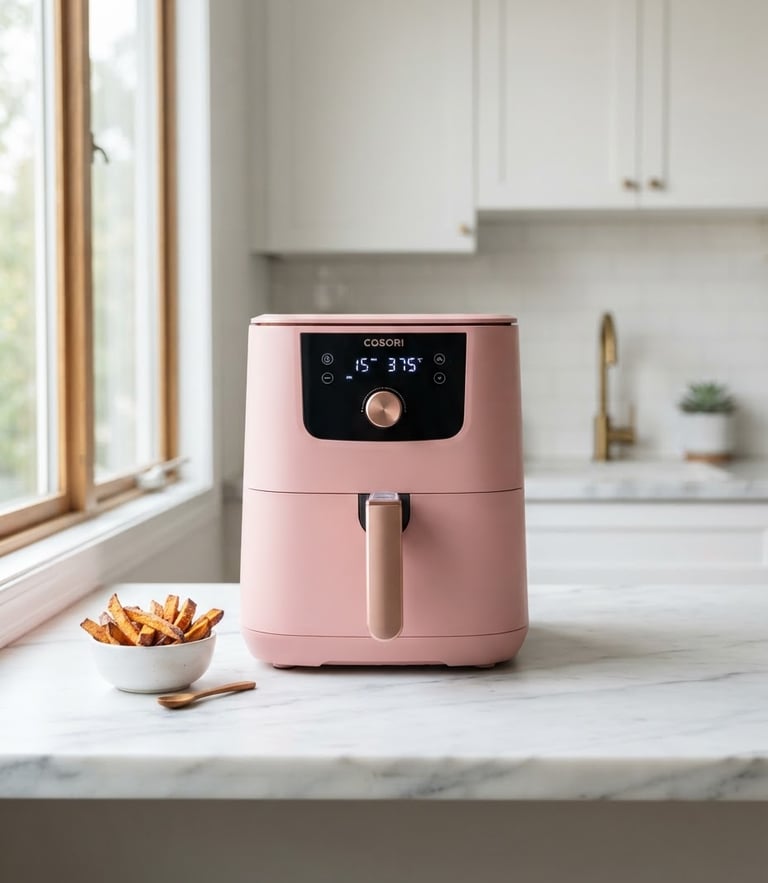 Premium pink air fryer styled on pristine minimalist marble countertop, soft natural kitchen window light, crisp details, 50mm lens