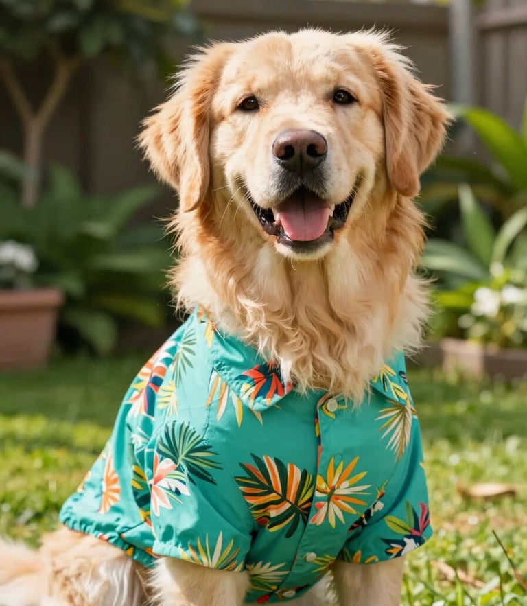 A happy fluffy golden retriever wearing a vibrant teal tropical shirt, sitting in a sunny garden, vibrant lifestyle pet photography, warm natural daylight, cheerful colorful tones, sharp focus, shallow depth of field, 35mm