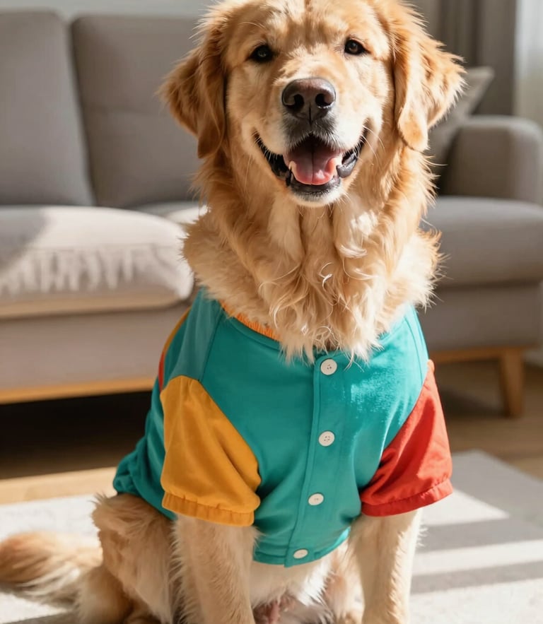 A cheerful golden retriever wearing a colorful handmade teal shirt, sitting comfortably in a sunny living room, warm natural daylight, eye-level medium shot