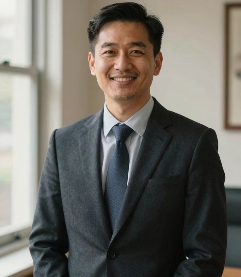 Warm, natural portrait of a friendly solicitor in a daylight-filled regional office, soft window light, rich muted tones, professional 35mm photography