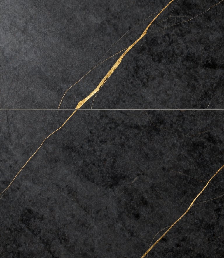Straight-on flat lay of premium dark ceramic tile with gold veins, dramatic gallery lighting, high-contrast texture