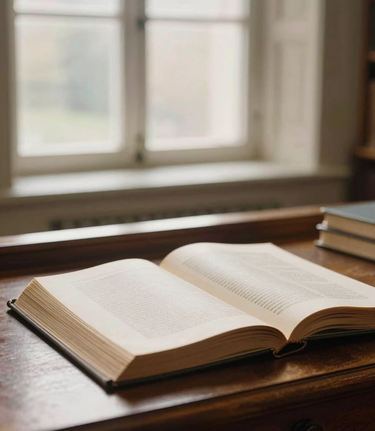 A quiet, atmospheric shot of an open, historic theological volume on a wooden desk in a library, warm soft morning light filtering through a high window, 35mm.