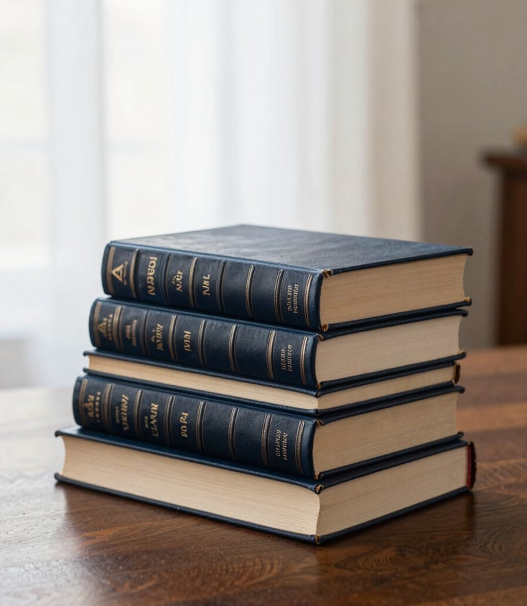 Soft natural library light illuminating a stack of historic leather-bound books on a dark wood table, shallow depth of field, 35mm photography