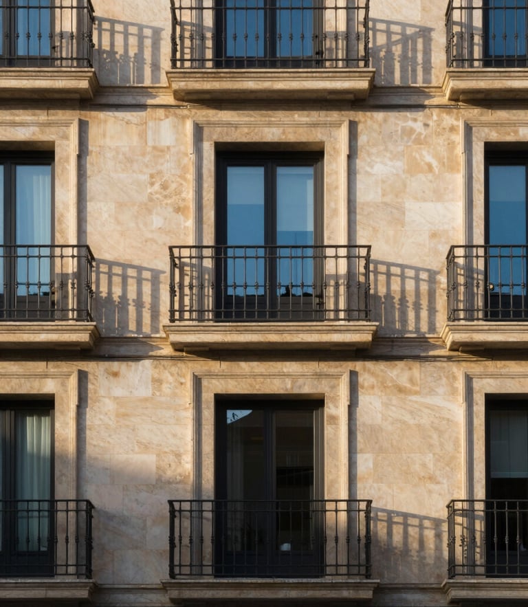 Elegant contemporary apartment balcony in Madrid, classic stone facade with modern glass doors, warm late afternoon sun casting long shadows, medium format photography