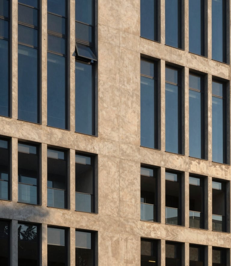 Elegant architectural photography of a contemporary concrete and glass facade in Spain, soft golden hour light, deep blue shadows, medium format editorial composition