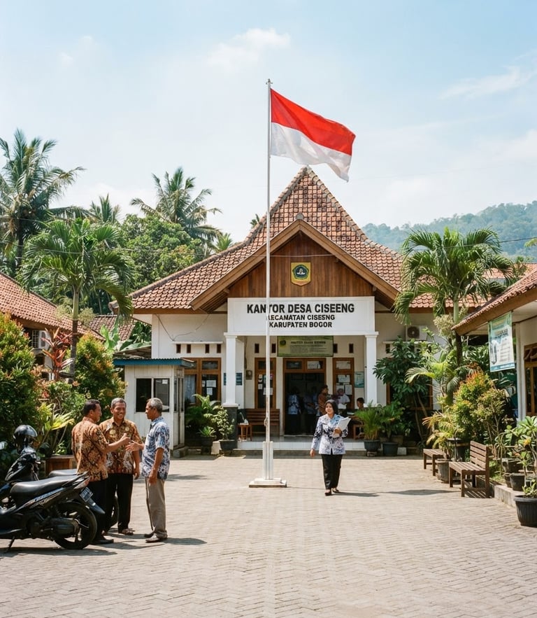 Bright daylight photo of Ciseeng village office courtyard, clean environment, Indonesian national flag waving, professional documentary photography, 35mm