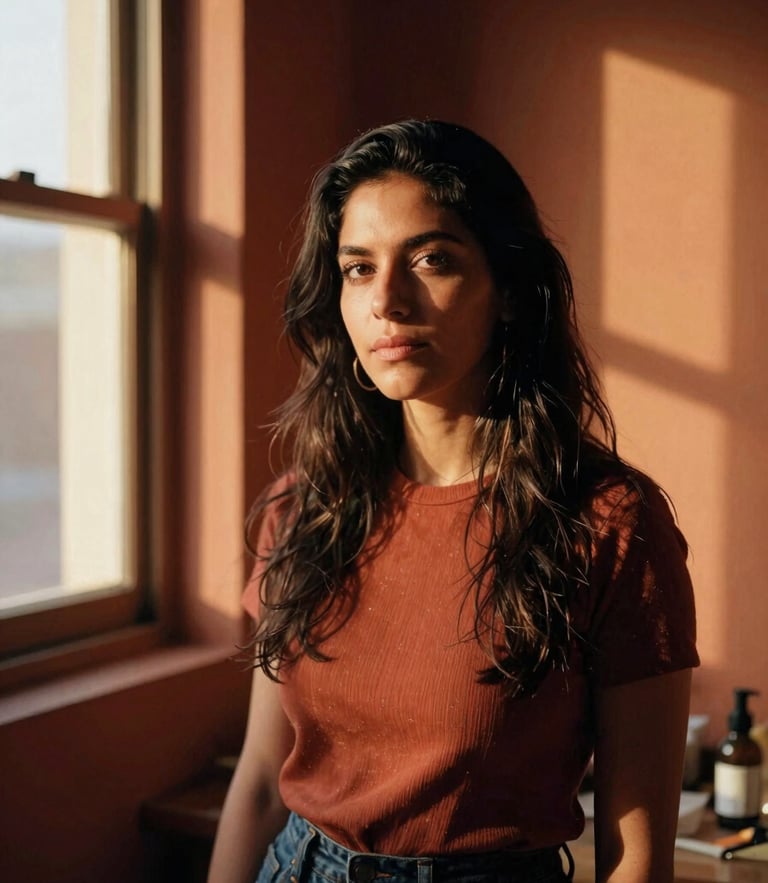 Juana Camila Barragán environmental portrait in her warm studio, dramatic side-lighting from a golden-hour window, rich terracotta tones, 35mm film grain