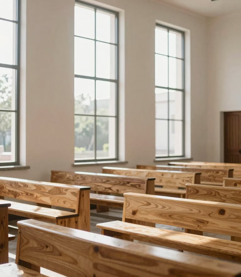 Bright, modern church interior in Mexico, natural sunlight streaming through high windows, minimalist design with light wood benches, peaceful atmosphere.