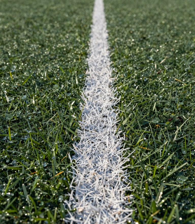 Low-angle detail shot of a crisp, perfectly straight white chalk line on deep green school turf, morning dew glistening on the grass blades, bright daylight.