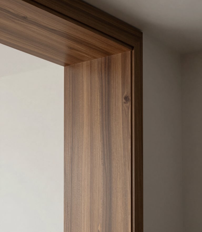 Soft natural daylight reflecting off a custom walnut wood joinery join, minimalist luxury residential interior, medium format architectural photography, muted greige tones.