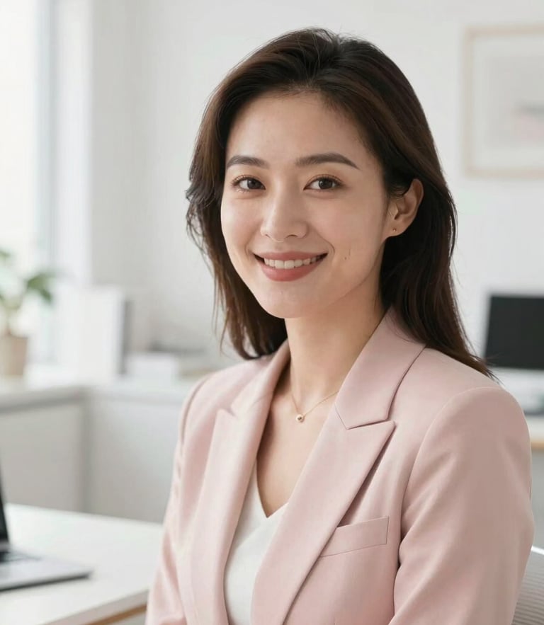 Elegant close-up portrait of a professional female entrepreneur in a bright, modern home office, smiling warmly, soft natural daylight, minimalist white and blush pink tones, 35mm photography