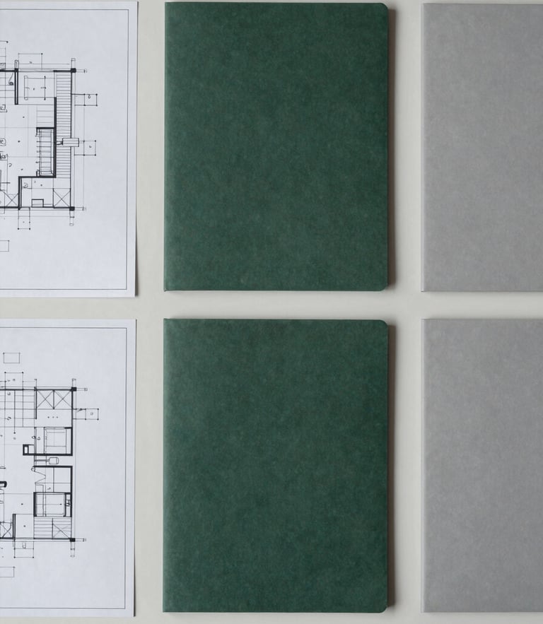 Overhead flat-lay of highly organized architectural blueprints and clean slate-gray document portfolios on a minimalist desk, soft overcast daylight, sharp 35mm focus
