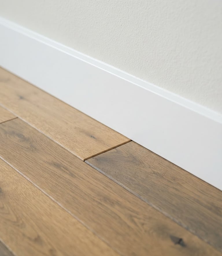 Macro architectural shot of perfectly aligned engineered hardwood planks meeting a clean white baseboard, bright natural coastal daylight, sharp focus, 35mm
