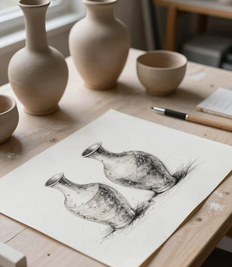 Dead-on architectural shot of a pristine design studio desk, soft natural Northwest light, raw clay vessels, textured watercolor paper with charcoal sketches.