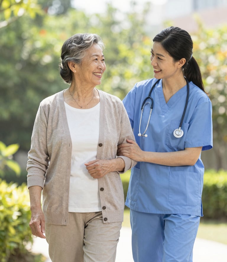 Bright editorial photography, soft warm daylight, a senior woman smiling while walking with a caring professional caregiver in a sunlit garden, medium shot, 35mm lens