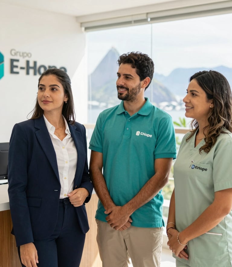 Bright editorial photography of three professional staff members of Grupo E-Hope standing together in Rio de Janeiro: a corporate receptionist in a navy blazer, an event coordinator in a teal polo, and a caregiver in a warm sage uniform, bright natural daylight, clean professional office background, 35mm lens