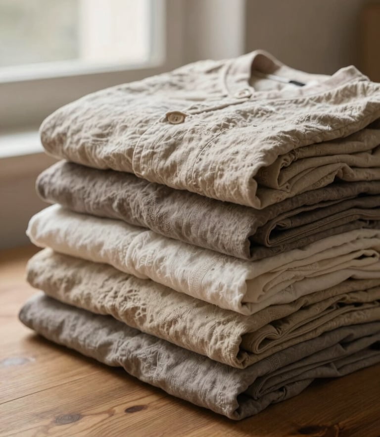 A neat pile of folded high-quality linen garments in beige and soft taupe tones, sitting on a clean wooden table in a sunlit workshop, muted earth tones, editorial fashion photography