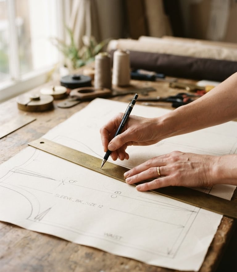 Close-up of professional hands drafting a garment pattern on thick cream paper with a brass ruler under soft morning window light, warm editorial photography, 35mm