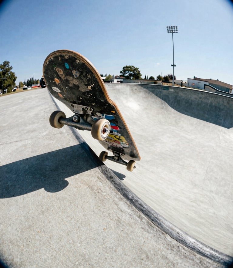 Low-angle fisheye shot of a skater grinding a raw concrete pool edge, harsh sunlight, worn skateboard trucks, 35mm film grain.