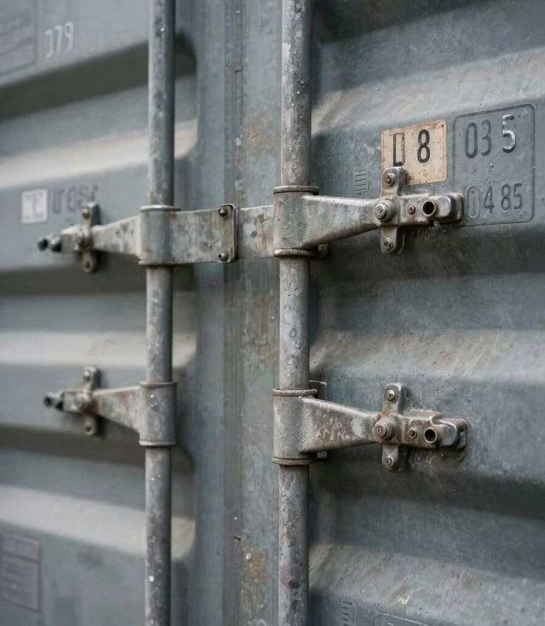 A close-up of a heavy steel shipping container latch under sharp industrial overhead lighting, showing technical serial numbers and customs stamps.