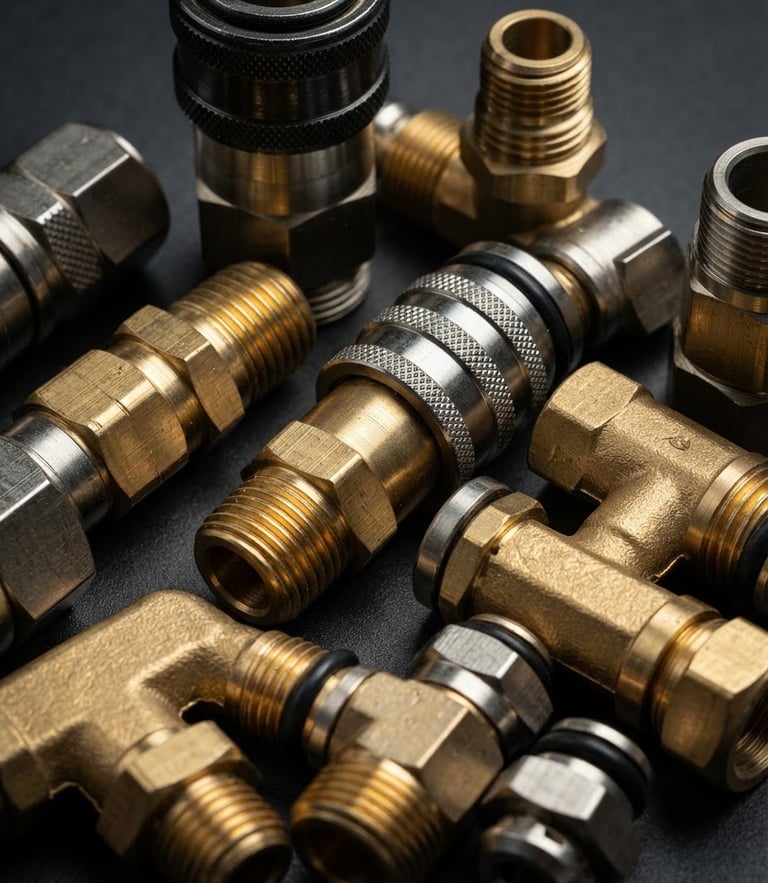 Sharp technical product photography of brass pneumatic fittings on a clean dark grey background, high-contrast studio lighting, metallic details