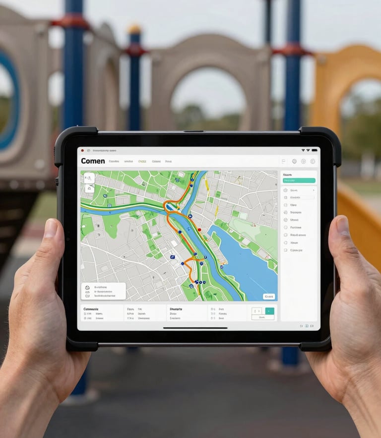 Straight-on structured view of a rugged digital tablet displaying a GIS mapping database, held by a hand in front of clean, modern municipal playground equipment, neutral daylight.