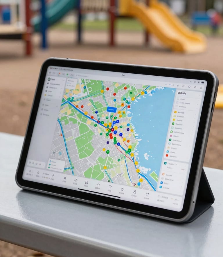 Nahaufnahme eines robusten digitalen Tablets vor Ort auf einem Spielplatz, auf dem Bildschirm ist eine detaillierte GIS-Karte mit farbigen Markierungspunkten zu sehen, neutrales Tageslicht