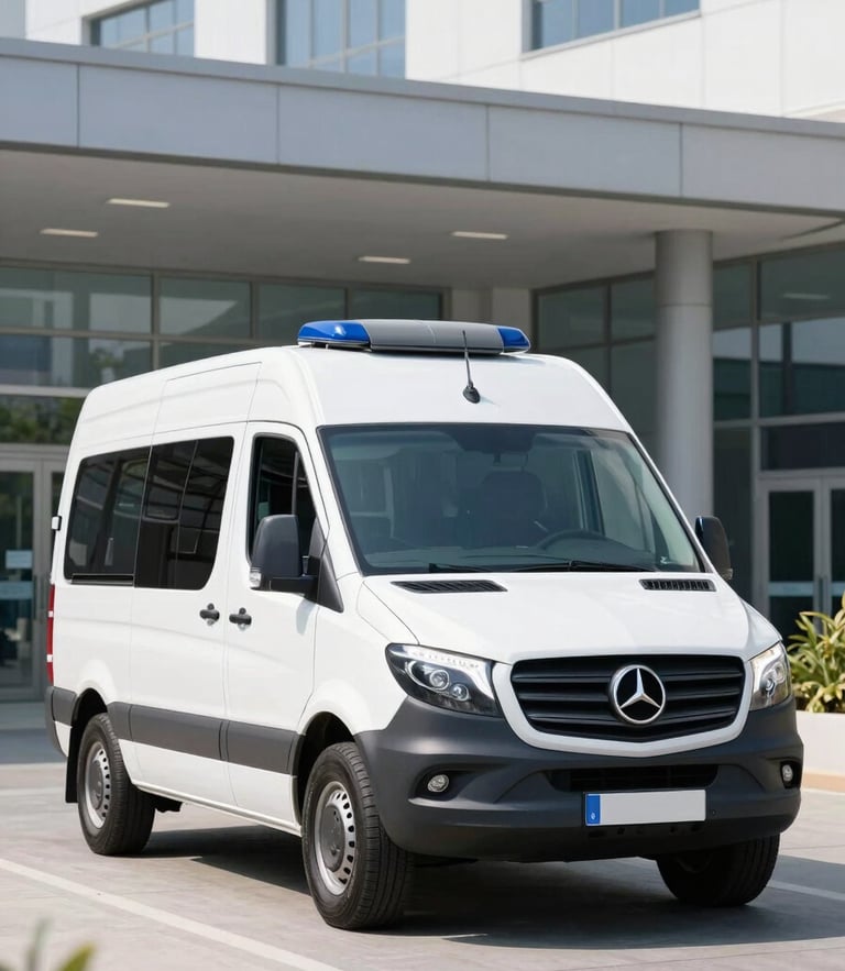 Modern Mercedes-Benz ambulance exterior parked in front of a clean, modern hospital entrance, bright daylight, professional clinical photography