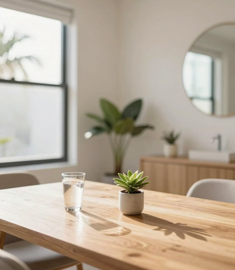 Wide environmental shot of a sunlit modern wellness consulting room in Boynton Beach, bright morning Florida sunlight casting soft warm shadows, clean oak table with a glass of water and a small botanical plant, shallow depth of field, warm editorial photography style.