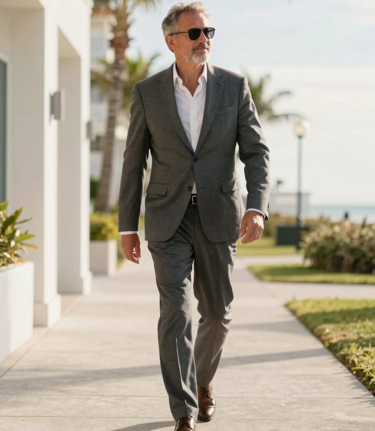 A mature professional walking along a sunlit coastal path in Florida, bright morning sunlight, soft natural tones, shallow depth of field.