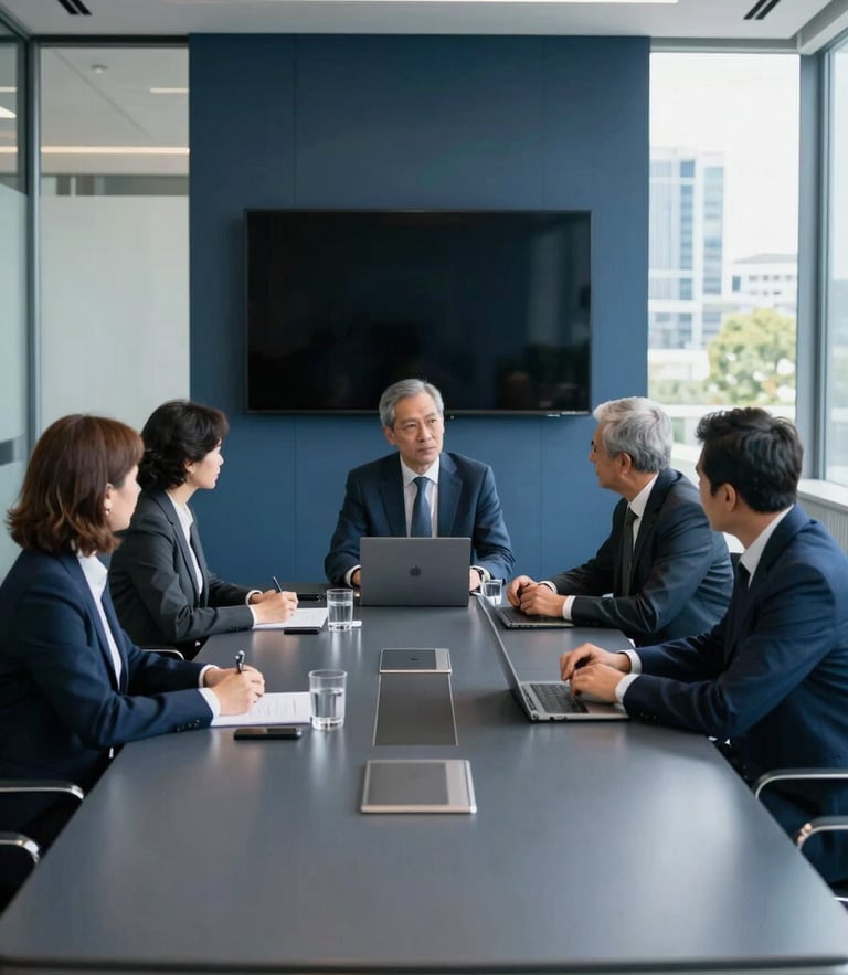 Professional business meeting in a modern corporate boardroom in Frankfurt, bright natural daylight, clean corporate aesthetic, deep blue and slate tones, 35mm lens