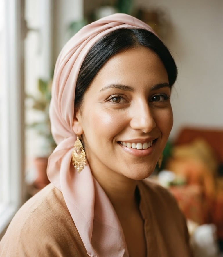 Close-up of a young Algerian woman smiling, wearing elegant gold earrings and a soft blush hair scarf, warm natural window light, 35mm film style