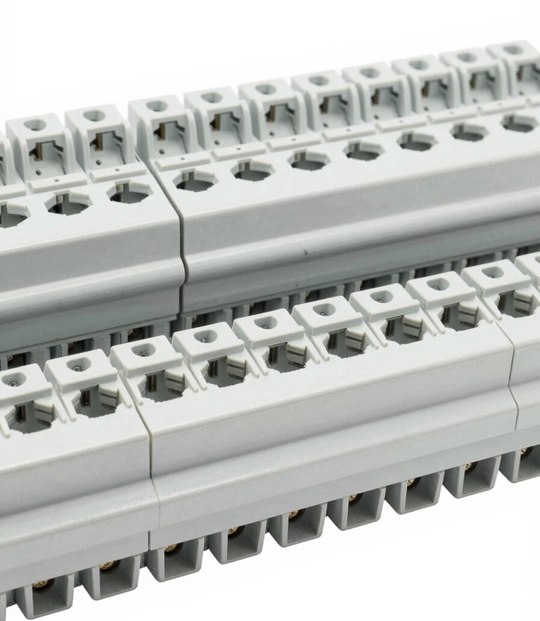 Bright industrial photography of organized modular switches and sockets aligned neatly on a high-contrast background, sharp focus.
