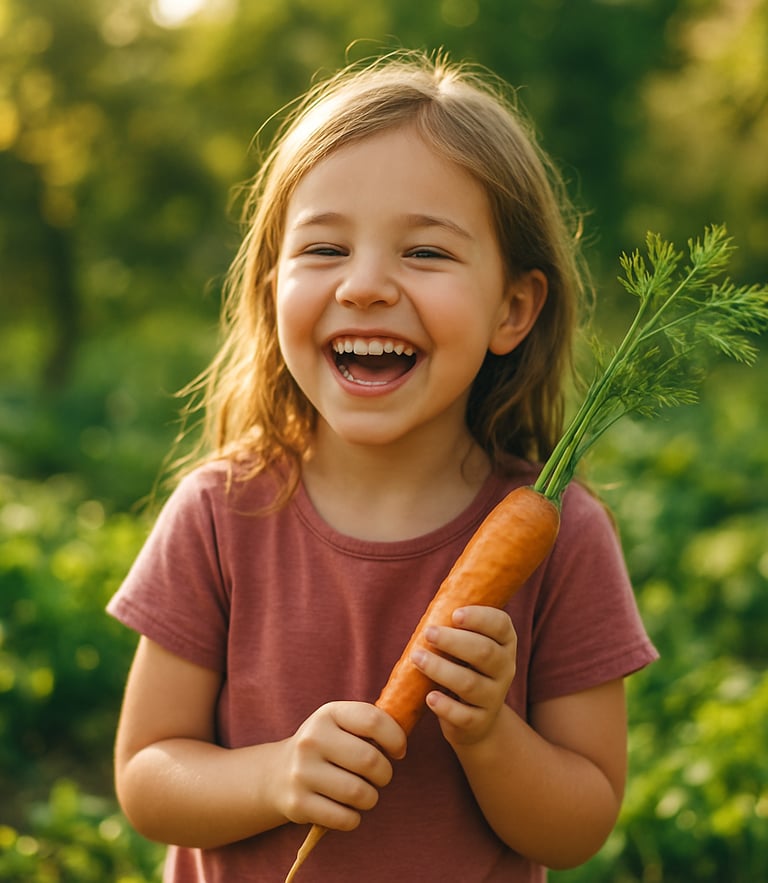 Bright natural photography of a young girl laughing while holding a freshly harvested carrot, warm golden-hour sunlight, vibrant green background, 35mm
