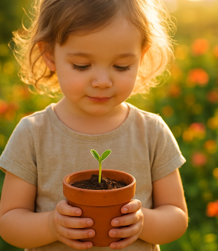 Bright natural photography of a young child holding a small terracotta pot with a fresh green sprout under warm golden-hour sunlight, vibrant garden colors, soft depth of field