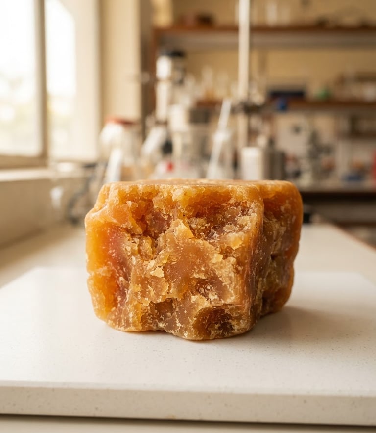 Macro shot of a pristine golden-amber jaggery block on a clean laboratory surface, warm natural light, shallow depth of field.