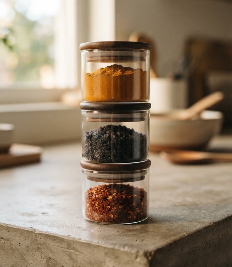 A close-up of three stackable glass jars filled with textured spices—coarse terracotta-colored chili flakes, dark charcoal salt, and golden turmeric—arranged on a minimalist concrete countertop under soft afternoon window light.