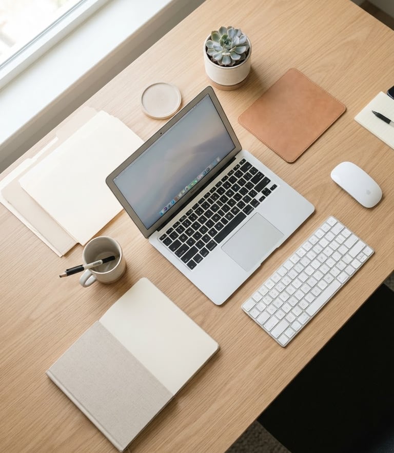 Overhead flat-lay of an impeccably organized desk with neat folders, a laptop, and a clean keyboard in bright natural daylight, 35mm