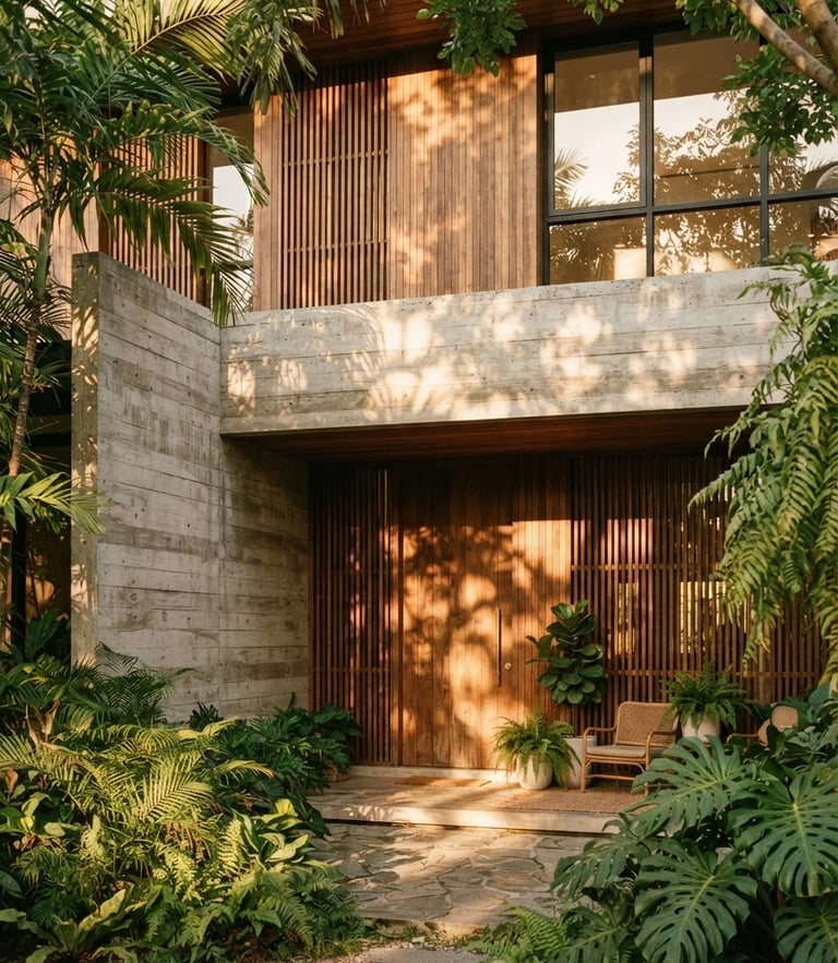 Warm architectural photography of Allera Grove residential exterior, golden-hour sunlight filtering through tropical leaves onto raw concrete and rich teak wood walls, 35mm lens