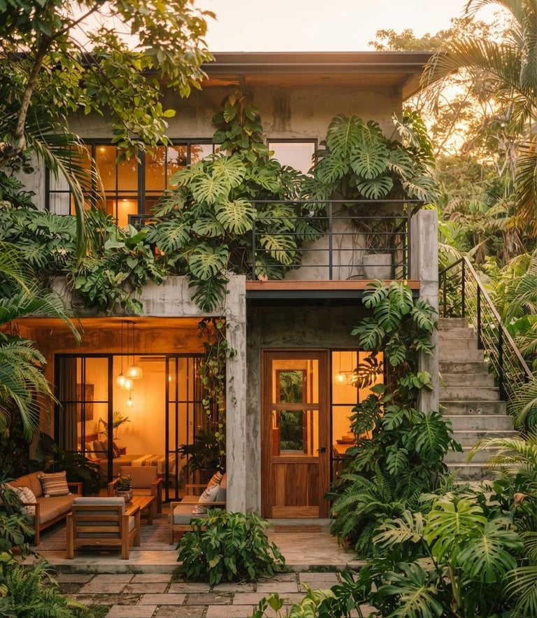 Warm architectural photography of a modern tropical industrial house facade, raw concrete walls blended with lush green monstera foliage, glowing warm lighting, golden hour
