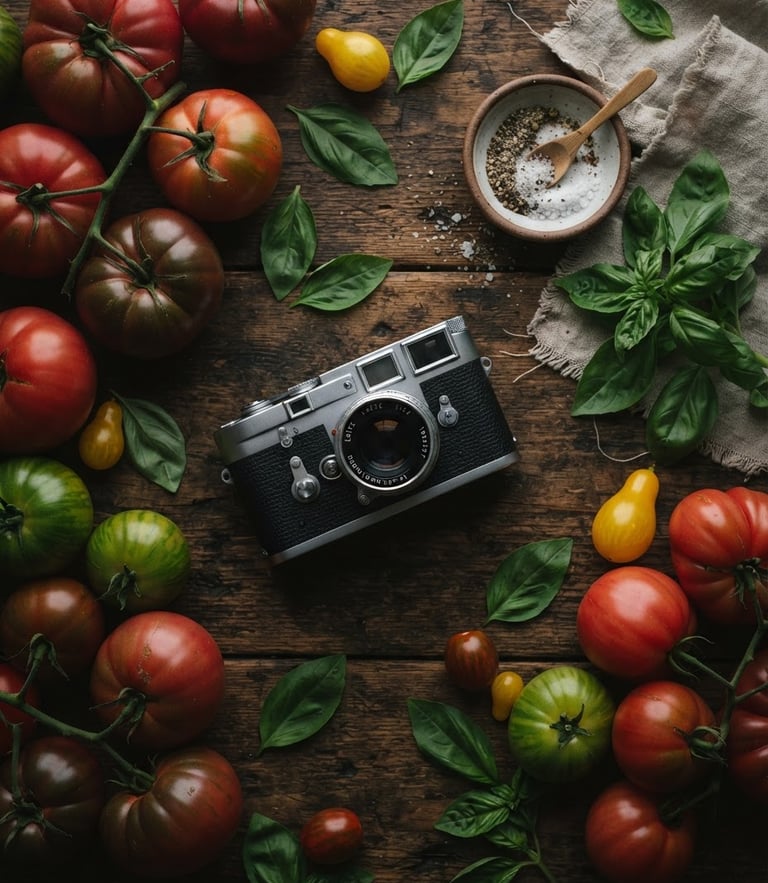 Overhead flat-lay of raw heirloom tomatoes, fresh basil leaves, and a vintage camera on a rustic wooden table, soft natural window light, moody shadows, rich carmine and forest green tones, shallow depth of field, 35mm.