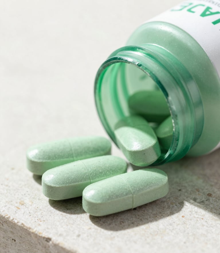 Macro close-up of a sleek minimalist green supplement bottle on a clean stone surface, bright natural daylight, sharp focus