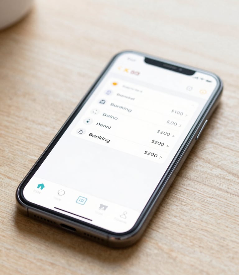 Close-up of a secure modern smartphone displaying a clean banking application interface on a bright wooden table, soft morning daylight, professional navy and white tones, sharp focus.