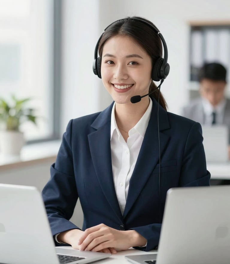 A professional customer support specialist smiling in a bright, modern office setting, clean natural daylight, navy and white tones, sharp focus, 35mm