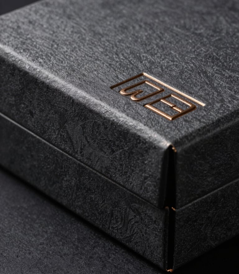 Macro studio photography of a sharp, embossed dark charcoal rigid box with precise industrial bronze foil stamping, dramatic side lighting, deep shadows