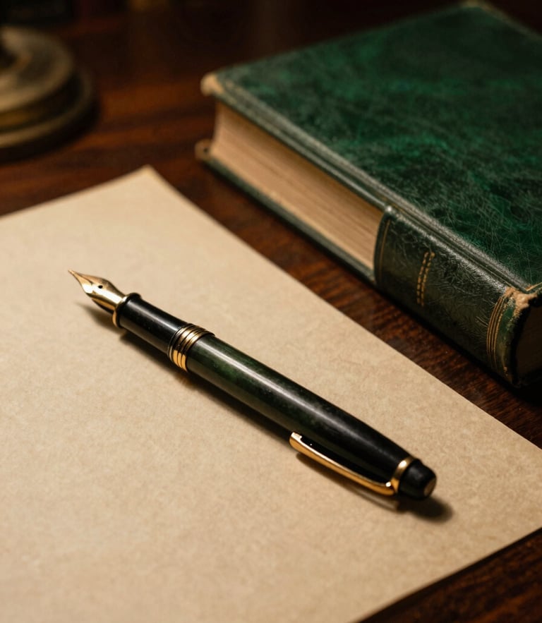 An antique fountain pen resting on heavy textured parchment paper, beside a leather-bound book on a dark mahogany desk, low-key dramatic chiaroscuro lighting, deep forest green and warm gold tones, 35mm film