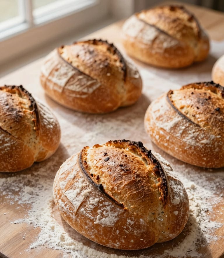 Overhead shot of freshly baked golden-brown sourdough loaves on a flour-dusted wooden table, warm early-morning window light highlighting the crust texture, shallow depth of field, 35mm